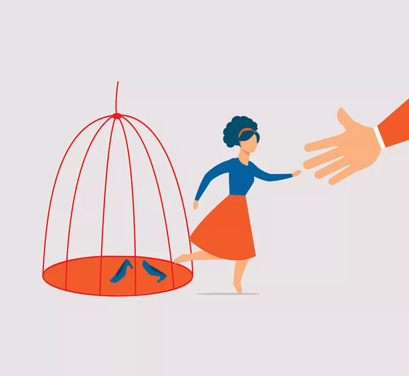 Graphic of previously homeless youth escaping cage and reaching out to helping hand | Covenant House - Issues - Mental and Emotional Health