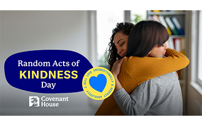 Image of previously homeless teens hugging for LinkedIn Social Post | Covenant House Random Acts of Kindness Day