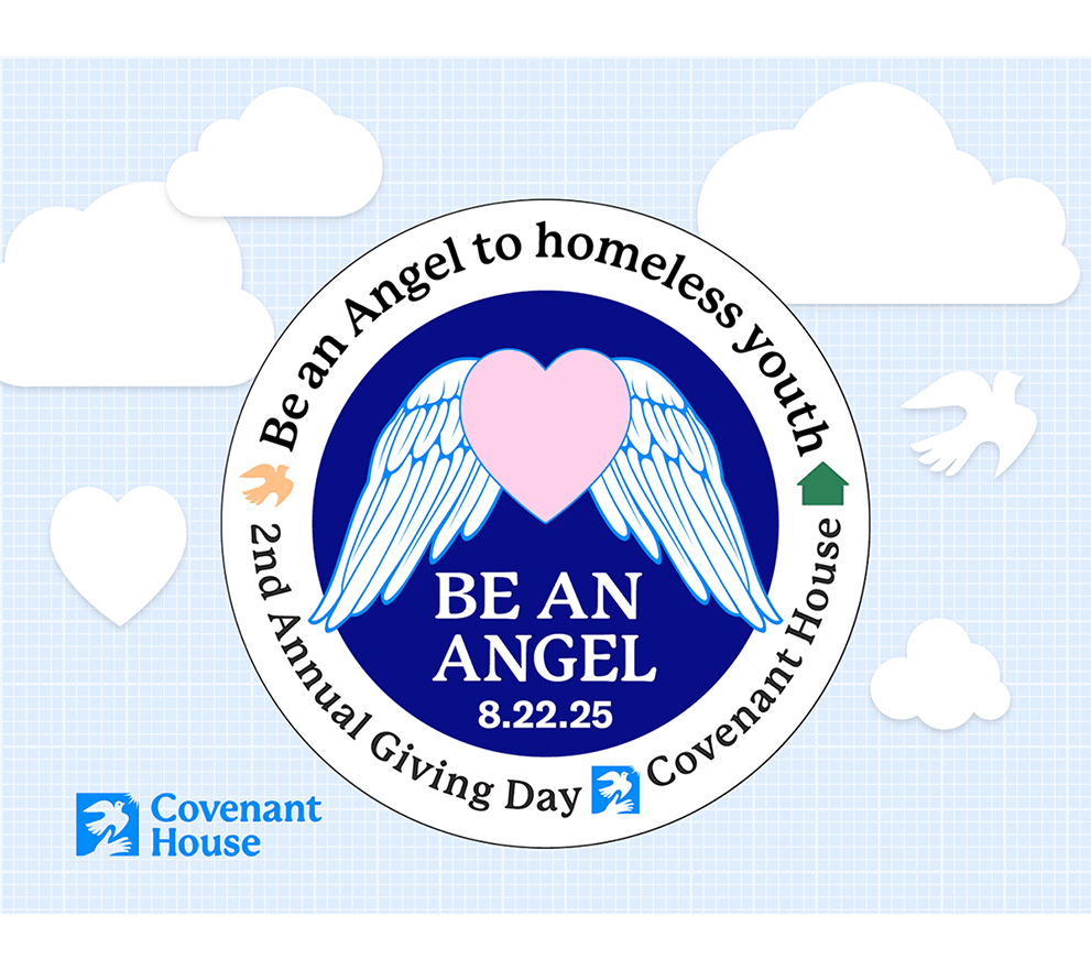 Covenant House Be An Angel Day badge containing heart with wings