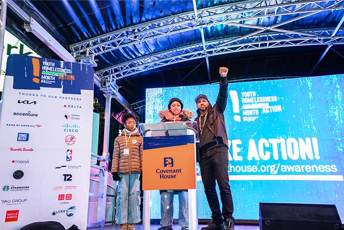 Jericka Duncan and daughter with the Kid Mero at Covenant House Youth Homelessness Awareness Month Times Square NYC Rally