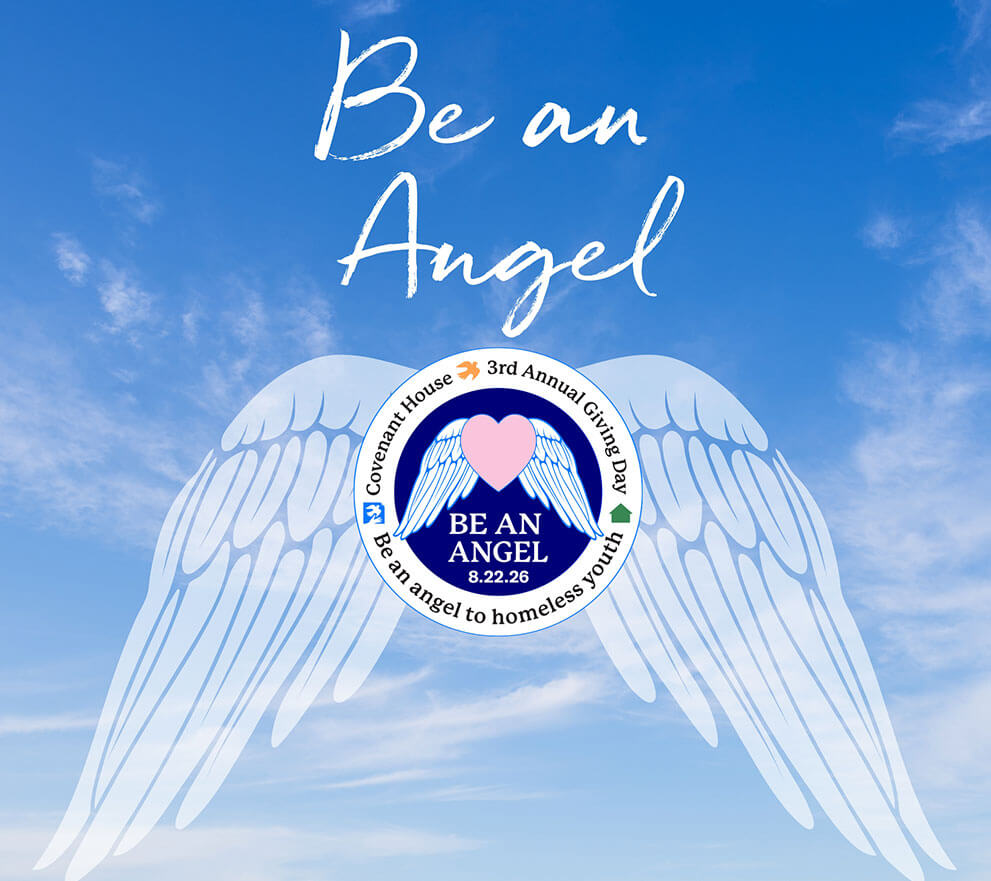 Covenant House Be An Angel Day badge with angel wings graphic