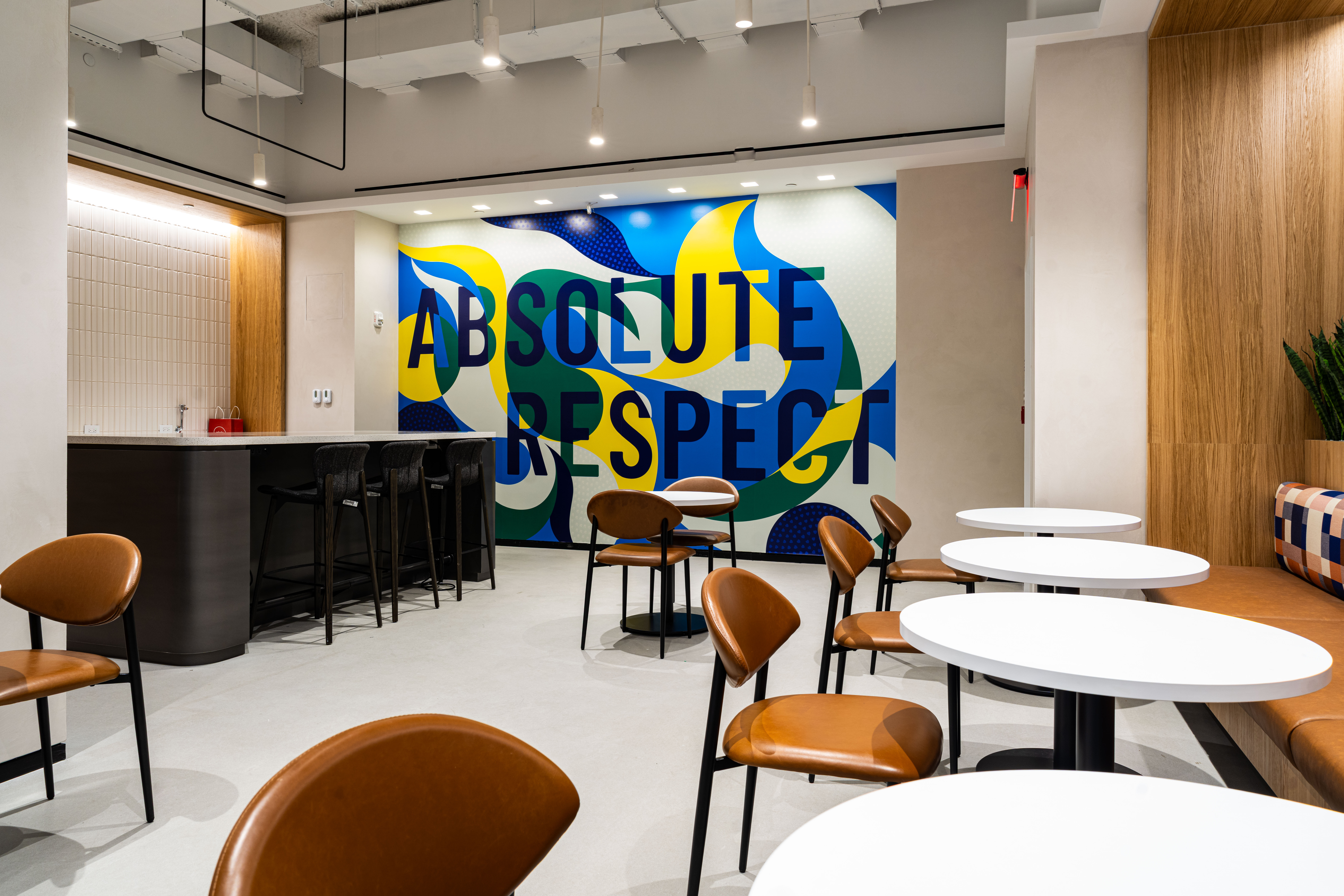 The kitchen and eating area in the Covenant House Innovation Center in New York, NY.