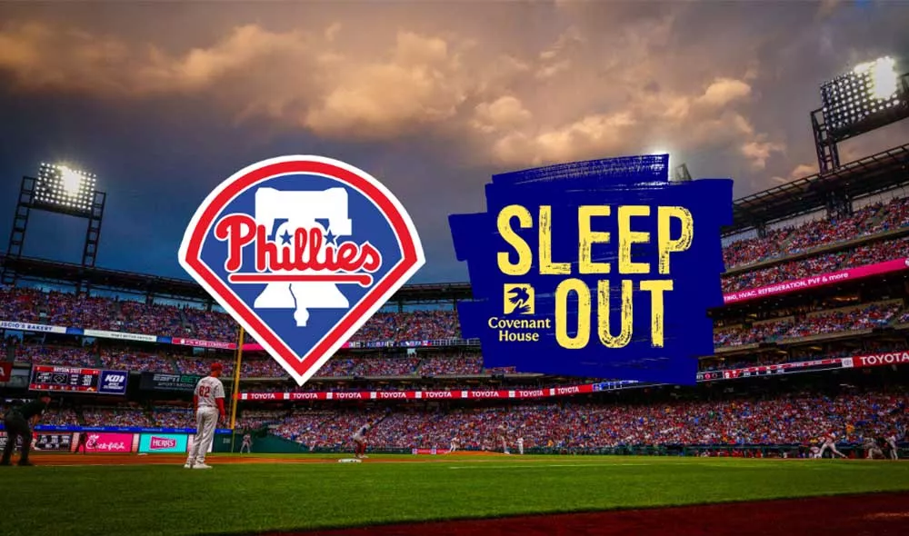 Phillies baseball logo and Covenant House Sleep Out logo with Citizen’s Bank Park as the background