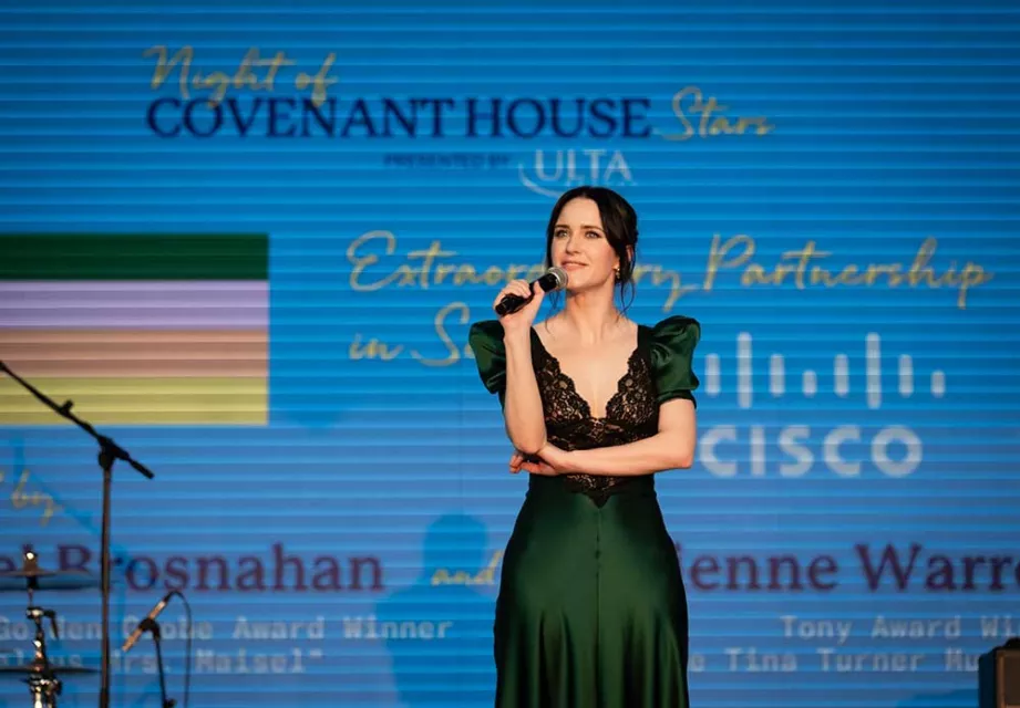 Rachel Brosnahan speaking at Night of Covenant House Stars 2024 gala at Javits Center 