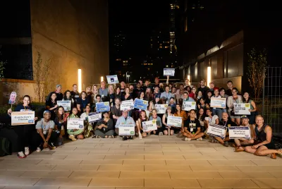 Sleep Out: Stage & Screen participants pause for photo before they Sleep Out on the terrace at Covenant House New York.