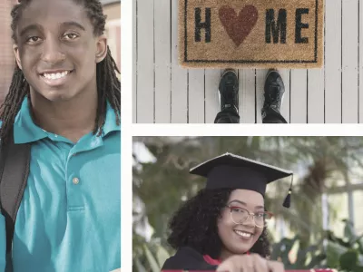 Collage of smiling people and a "Home" doormat