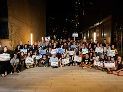 Sleep Out: Stage & Screen participants pause for photo before they Sleep Out on the terrace at Covenant House New York.
