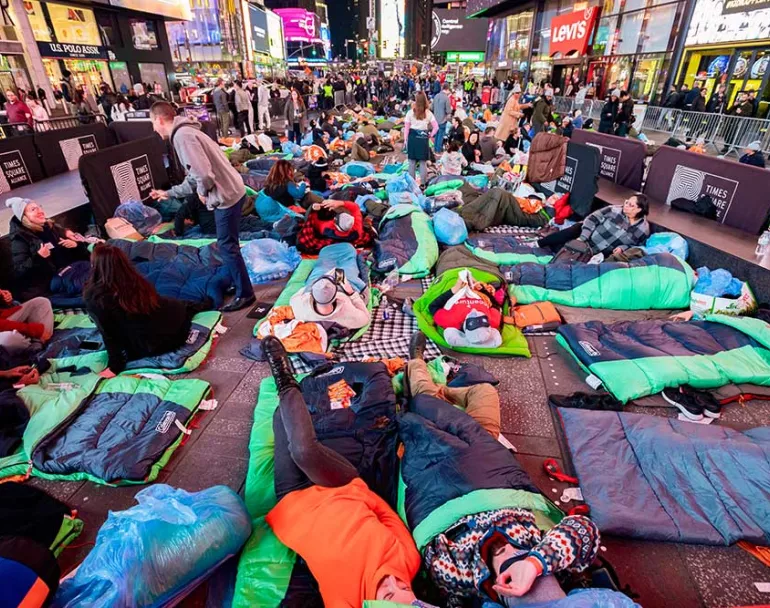 Covenant House Sleep Out volunteers in sleeping bags | Raising funds and awareness for homeless youth