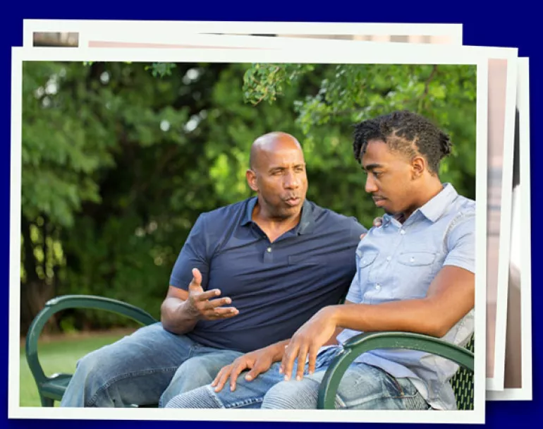 photos of father and son sitting and talking on outdoor bench | Covenant House - Donate Now