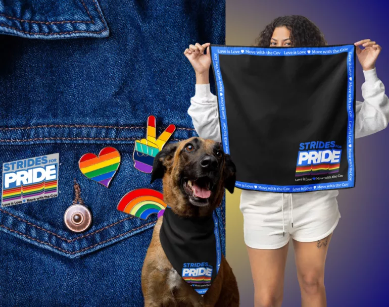 Covenant House Strides for Pride pins and bandana worn by youth and dog