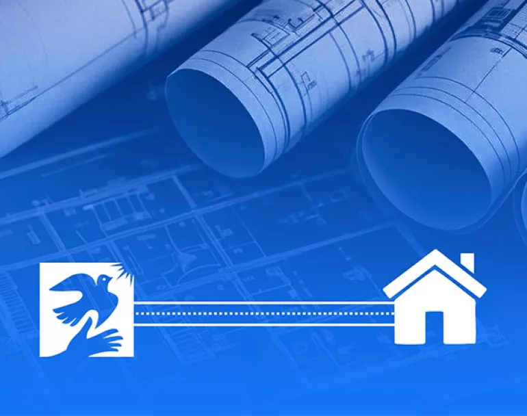 Covenant house logo with path towards affordable house and blueprint background | Covenant House - Donate today to help us build affordable housing options for homeless young people