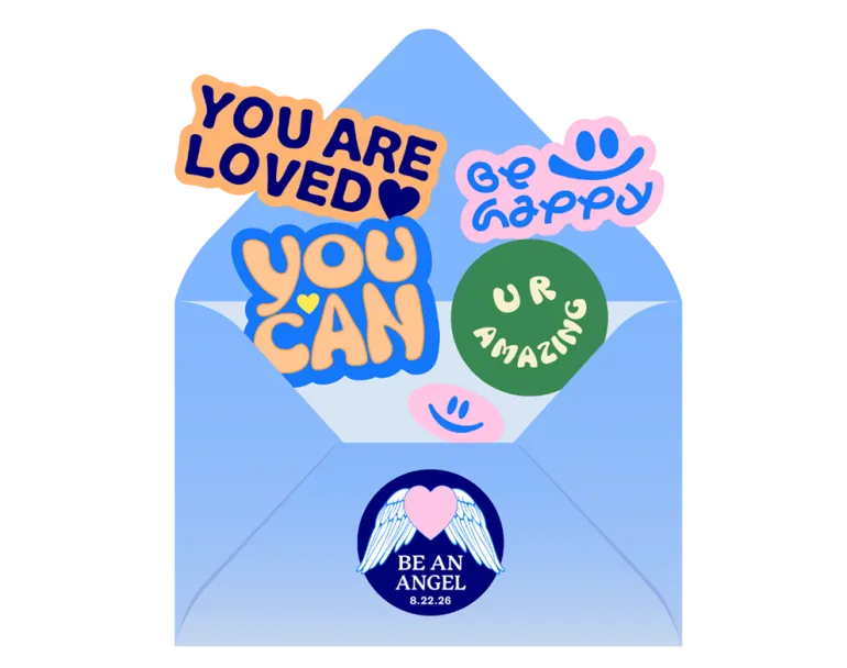 Covenant House Be An Angel Day envelope with positive message stickers